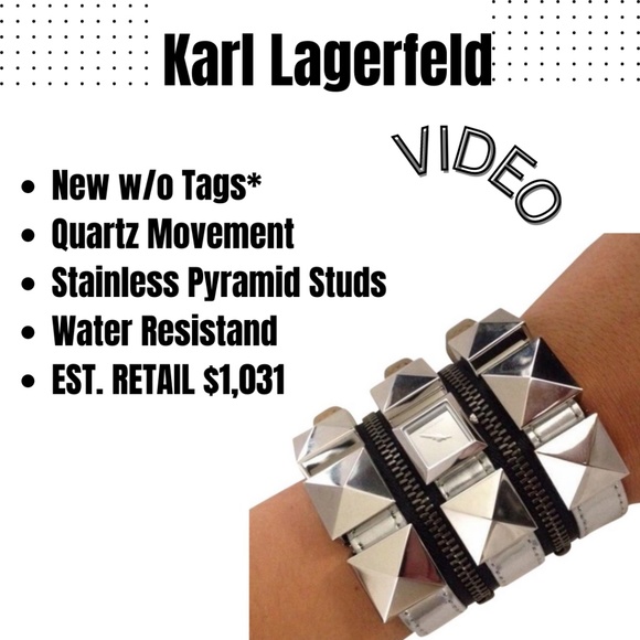 Karl Lagerfeld Zip Triple Strap Silver Cuff Watch Stainless Steel Pyramid Studs